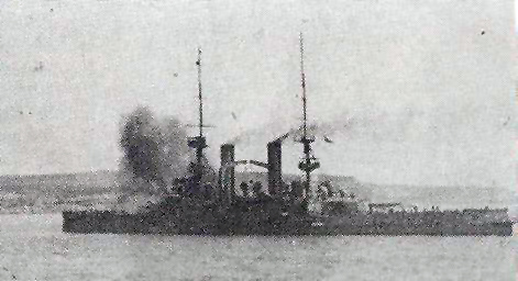 Picture of HMS Swiftsure firing at the Dardanelles 1915